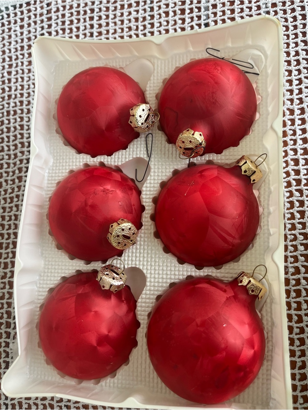 6 Vintage red etched glass Christmas ornaments